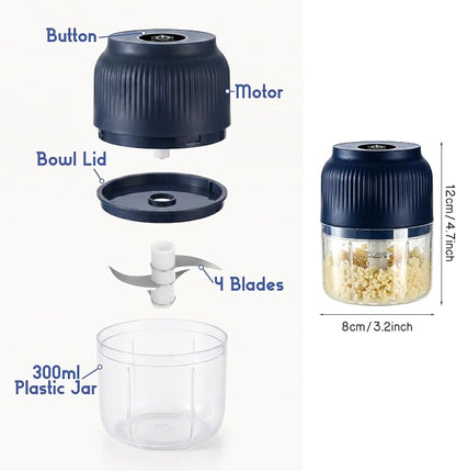 Electric Garlic Chopper, 2026 New Mini Food Processor & Food Chopper for Kitchen, Portable Cordless Garlic Mincer with 4 Stainless Steel Blades, Small Vegetable Chopper for Onion Salad (300ML Blue)