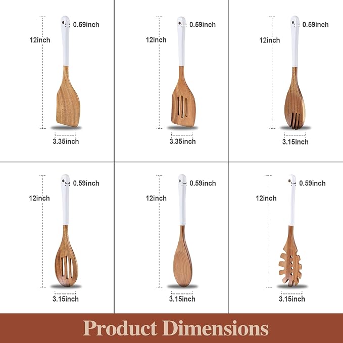 Wooden Spoons For Cooking, 6 Pieces Natural Acacia Wooden Cooking Utensils or Non-Stick Wood Kitchen Utensil Set for Kitchen Essentials, Wooden Cooking Utensils Set with Hanging Hole, White