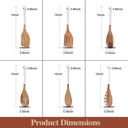 Wooden Spoons For Cooking, 6 Pieces Natural Acacia Wooden Cooking Utensils or Non-Stick Wood Kitchen Utensil Set for Kitchen Essentials, Wooden Cooking Utensils Set with Hanging Hole, White