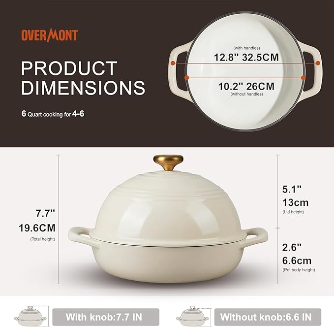 Overmont Enameled Cast Iron Bread Oven - 6QT Bread Dutch Oven for Sourdough Baking - Bread Pot with Dome Lid Cotton Potholders & Cookbook - Multi-Functional Bread Pan For Baking Frying Roasting