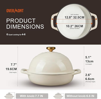 Overmont Enameled Cast Iron Bread Oven - 6QT Bread Dutch Oven for Sourdough Baking - Bread Pot with Dome Lid Cotton Potholders & Cookbook - Multi-Functional Bread Pan For Baking Frying Roasting