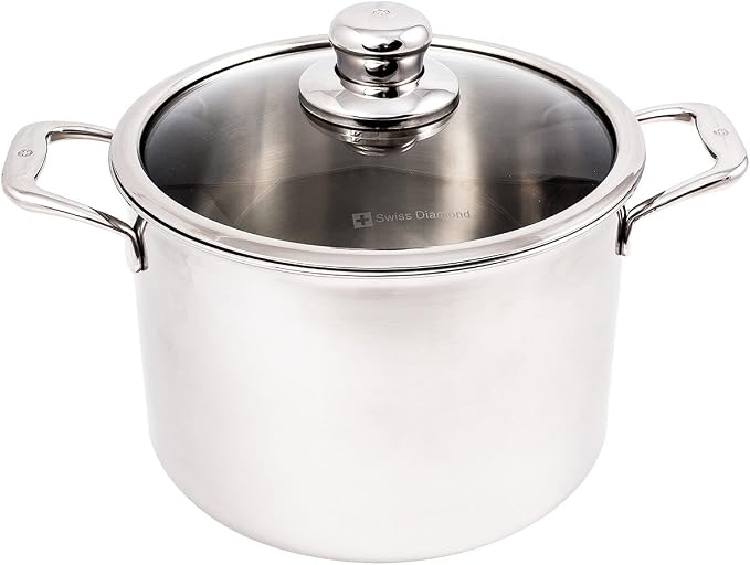 Swiss Diamond Premium Clad 5-Ply Stainless Steel 7.9 Quart Dutch Oven with Lid Included and Satin Exterior Finish, 9.5 Inch Induction Compatible Soup Pot - Oven and Dishwasher Safe