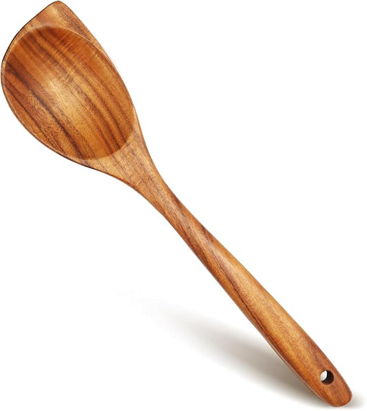Wooden Spoons for Cooking, Natural Teak Wood Spoon and Spatula, Heat Resistant Non Scratch Utensils for Nonstick Pans, Large Cooking Spoons with Good Grip for Stirring, Serving, Salad