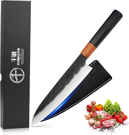 Japanese Chef Kitchen Knife, 8 Inch Black Gyuto, Hand Forged 67 Layers Damascus Steel VG10 Core, Ultra Sharp, Rosewood & Ebony Handle, Leather Sheath,A Thoughtful Father Day Gifts for Men