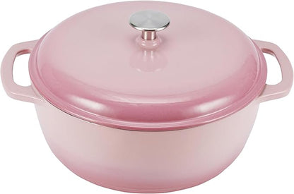 Amazon Basics Enameled Cast Iron Dutch Oven Pot with Lid, Round, Dual Handles, Heavy-Duty, Oven Safe for Stews, Roasting, Baking, 6-Quart, Light Pink