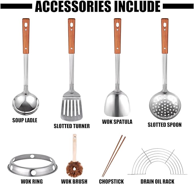 Teewe Carbon Steel Wok Traditional Hand Hammered - 13.4" Chinese Woks Round Bottom Wok Pan Set with 8 Pcs Cookware Accessories