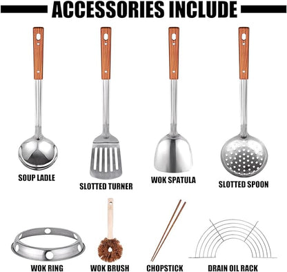 Teewe Carbon Steel Wok Traditional Hand Hammered - 13.4" Chinese Woks Round Bottom Wok Pan Set with 8 Pcs Cookware Accessories