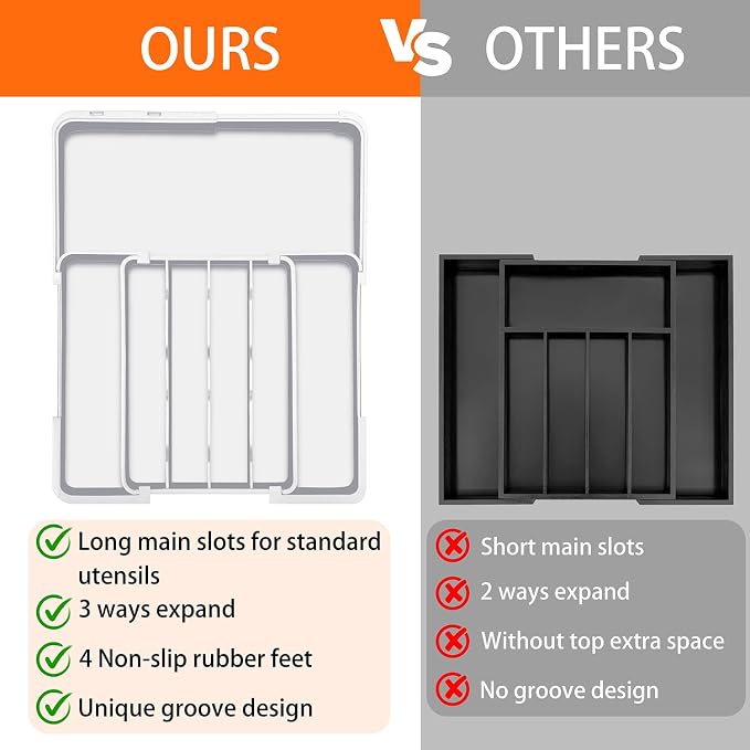 Spaclear Silverware Organizer Extra Deep - Expandable Utensil Drawer Organizer, 19 x 15 Inch Silverware Tray for Kitchen Drawer with 7 Slots, Adjustable Cutlery Tray for Spoons Forks Knives, White