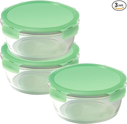 LocknLock Eco Ovenglass Glass Food Containers with Lids Set of 3 - Airtight, Leakproof Round Food Storage Containers with Recycled Plastic Lids, Oven Safe, Dishwasher Safe, 3 x 950ml