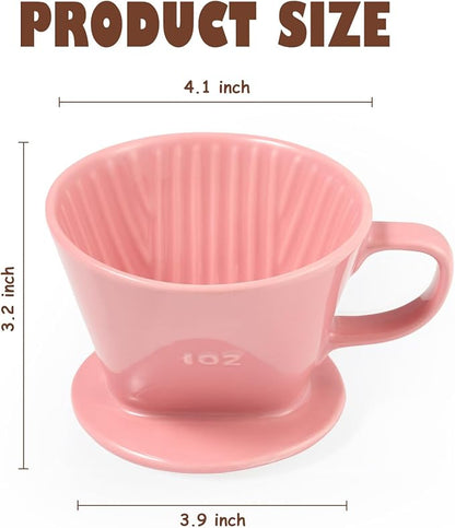 Pour Over Coffee Dripper, Ceramic Pour Over Coffee Maker with 3 Holes Flat Bottom, Easy Manual Brew Maker, Porcelain Slow Filter Cone for Travel, Camping, Office, Home,Pink