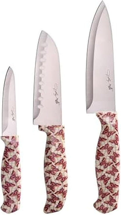 Dolly Parton 3-Piece Chef Knife Set, Butterfly Pattern Handles, Includes 6 Inch Chef, 5 Inch Santoku and 3.5 Inch Paring Knives