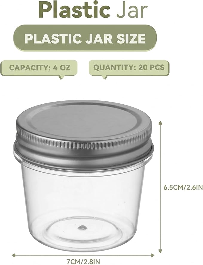 novelinks 4 oz Small Plastic Jars with Lids, 20 Pack Mini Plastic Mason Jars with Lids 4oz, Craft Storage Containers & Canning Jars & Small Spice Jars for Kitchen Organization (20 Pack,Silver)