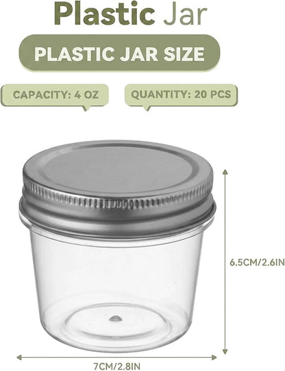 novelinks 4 oz Small Plastic Jars with Lids, 20 Pack Mini Plastic Mason Jars with Lids 4oz, Craft Storage Containers & Canning Jars & Small Spice Jars for Kitchen Organization (20 Pack,Silver)