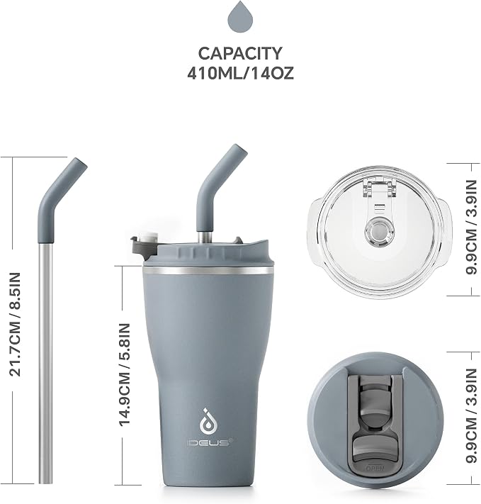 IDEUS Insulated Tumbler with Lid and Straw 14 oz, Stainless Steel Double-Wall Vacuum Leak-Proof Travel Coffee Mug, Cup Holder Friendly, Ultimate Gray