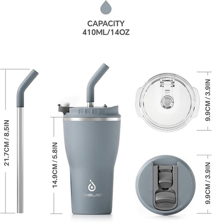 IDEUS Insulated Tumbler with Lid and Straw 14 oz, Stainless Steel Double-Wall Vacuum Leak-Proof Travel Coffee Mug, Cup Holder Friendly, Ultimate Gray
