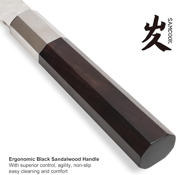 SAMCOOK Santoku Chef Knife - 7 Inch Professional Japanese Knife - VG10 Damascus High Carbon Stainless Steel Hammered Damascus Kitchen Knife - Ergonomic Octagonal Ebony Handle with Gift Box
