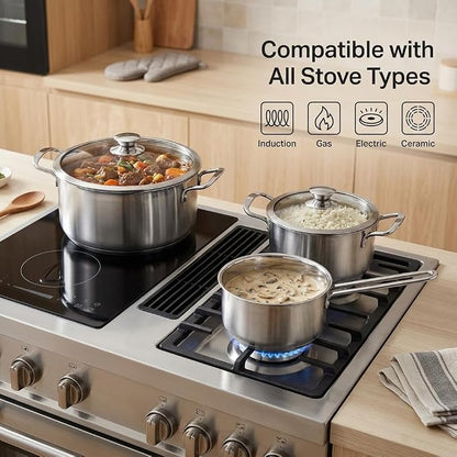 6-Piece Stainless Steel Cookware Set with Glass Lids, Induction Pots and Pans Set, Non-Toxic Kitchen Set for Gas/Electric/Induction, Oven & Dishwasher Safe, Silver