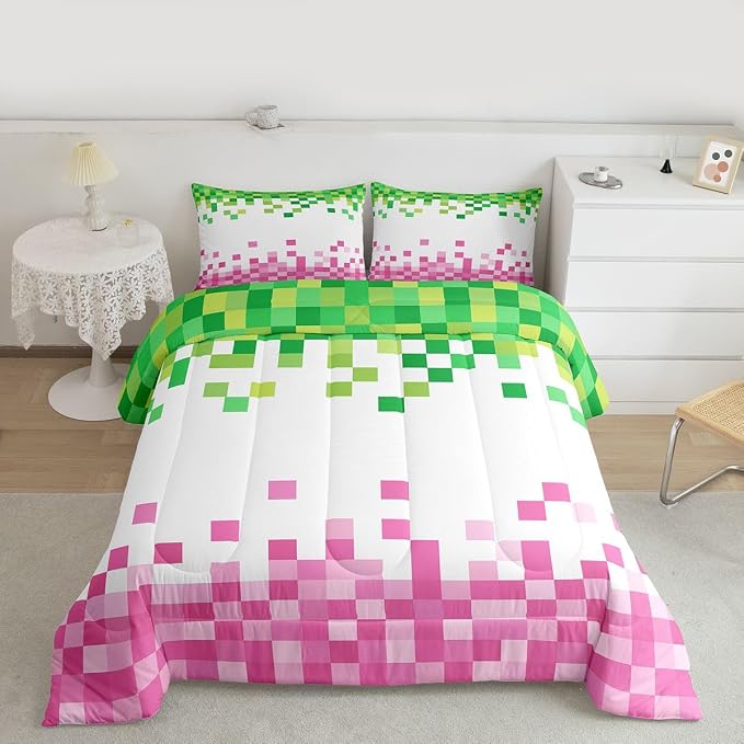 Manfei Pixelated Style Bedding Set King Size,Geometric Camouflage Grid Comforter Set with 2 Pillowcases,Video Games Bed Quilt,Pink Green Quilt Sets Home Decor,Women Men Birthday Gift