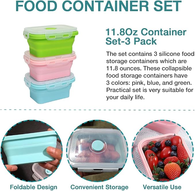 Alimat PluS 11.8oz Small Silicone Collapsible Food Storage Containers With Lids, 3 Pack Set 350ml Collapsible Food Storage Containers with Lids, Travel Food Containers for Outdoor and Kitchen