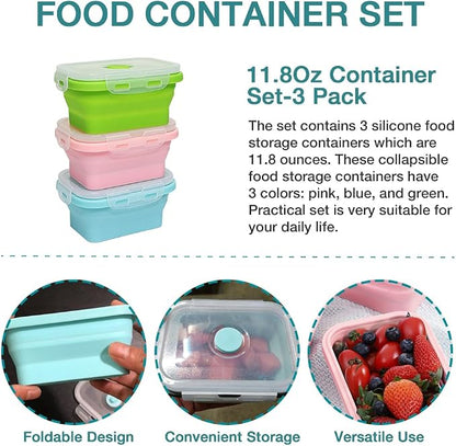 Alimat PluS 11.8oz Small Silicone Collapsible Food Storage Containers With Lids, 3 Pack Set 350ml Collapsible Food Storage Containers with Lids, Travel Food Containers for Outdoor and Kitchen
