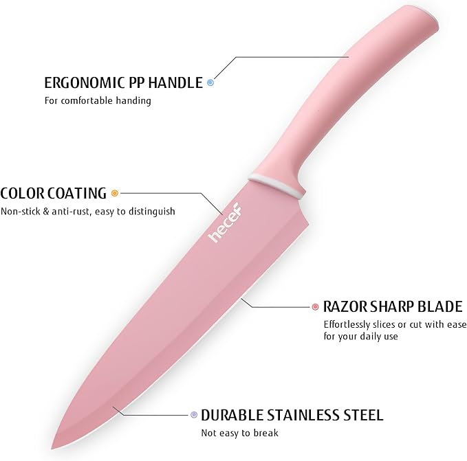 hecef Colorful Knife Set, 6 Pieces with Covers, Dishwasher Safe, Stainless Steel Colour Coded Non-Stick Cooking Knives Including Paring, Utility, Bread, Carving