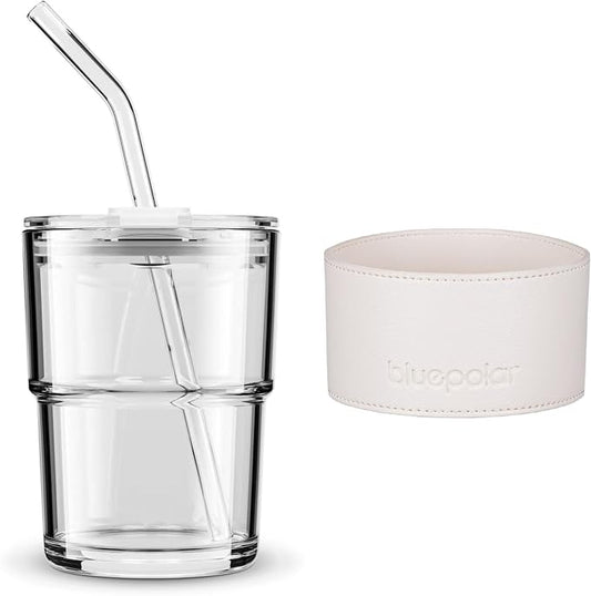 BLUEPOLAR 13 oz Tumbler Water Glass, Water Bottle with Straw and Dustproof Lid, Coffee Ice Cup Double Wall Insulated Glass Cup (White with Protect Sleeve)