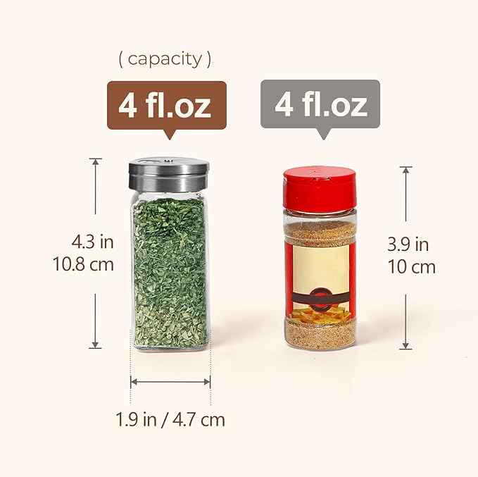 ComSaf Aesthetic Minimalist Spice Jars Set with Adjustable Shaker Lids, 4oz 24PCS Glass Spice Containers with 45 Labels, Square Condiment Jars for Kitchen Organization, Salt and Pepper Seasoning Set