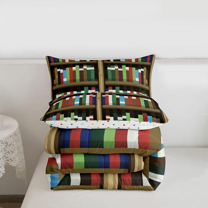 Manfei Pixel Bookshelf Kids Comforter Set,Pixelated Bookcase Vedio Game Bedding Set All Season,Books Modern Building Games Comforter 2 Pcs with 1 Pillowcase,Toddler Size