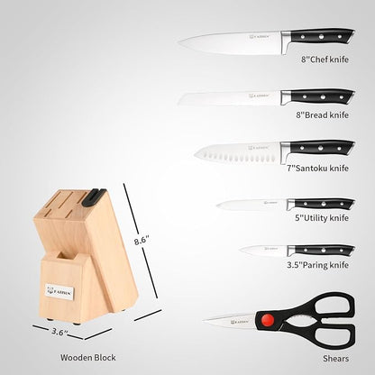8 Piece German Stainless Steel Knife Set With Block, Ergonomic Handle Chef Knives, Sharpener and Shears for Chopping, Slicing and Cutting