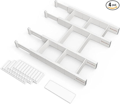 SpaceAid Bamboo Drawer Dividers with Inserts and Labels, Kitchen Adjustable Drawer Organizers, Expandable Organization for Home, Office, Dressers, 4 Dividers with 9 Inserts (17"-22" White)