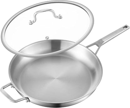 Yeksum 12-Inch Tri-Ply Fully Bonded Stainless Steel Frying Pan with Tempered Glass Lid | Chef's Skillet, Induction Compatible, Dishwasher & Oven Safe