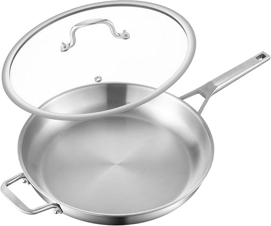 Yeksum 12-Inch Tri-Ply Fully Bonded Stainless Steel Frying Pan with Tempered Glass Lid | Chef's Skillet, Induction Compatible, Dishwasher & Oven Safe