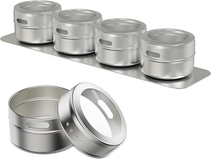 Vetacsion Set of 16 Magnetic Spice Tins with 4 Metal Wall-Plates,100 Preprinted Seasoning Label Stickers,2 Styles for 3 oz Herb Jars
