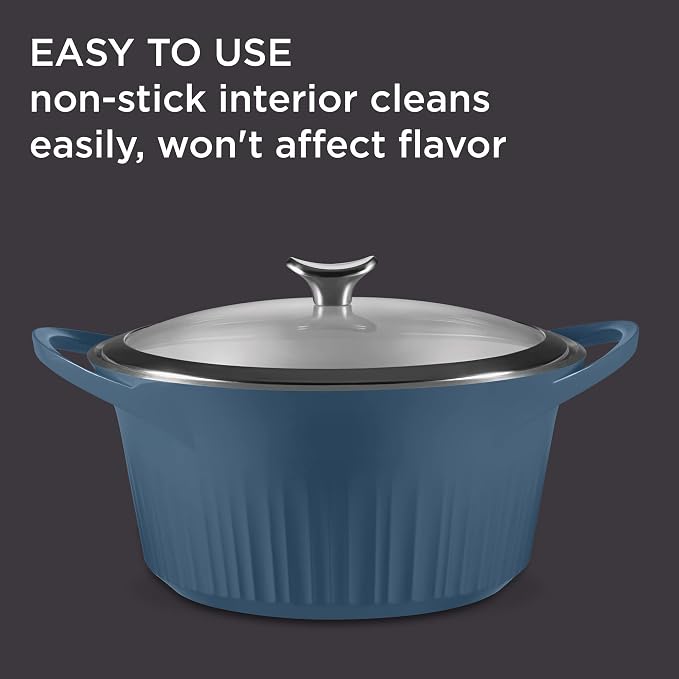 CorningWare QuickHeat 5.5-QT Cast Aluminum Dutch Oven With Lid & Non-Stick Ceramic Interior, Lightweight and Fast Even Heat Baking & Cooking, For Meats, Soup, Browning, Searing, French Navy