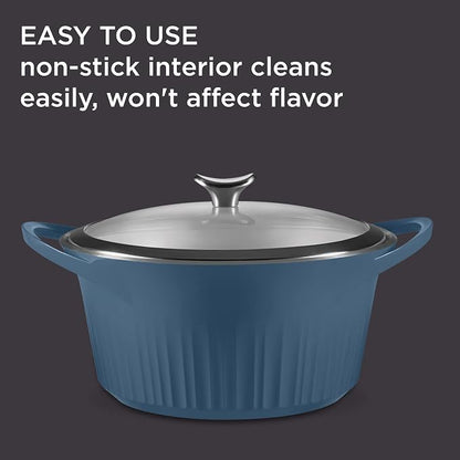 CorningWare QuickHeat 5.5-QT Cast Aluminum Dutch Oven With Lid & Non-Stick Ceramic Interior, Lightweight and Fast Even Heat Baking & Cooking, For Meats, Soup, Browning, Searing, French Navy