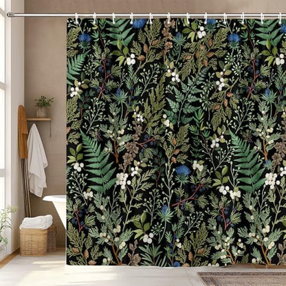 Vintage Botanical Shower Curtain, Elegant Boho Gothic Dark Green Ferns Floral Leaves Shower Curtain for Bathroom, Retro Whimsical Cottage Core Wildflower Farmhouse Curtain Bathroom Accessories 72X72