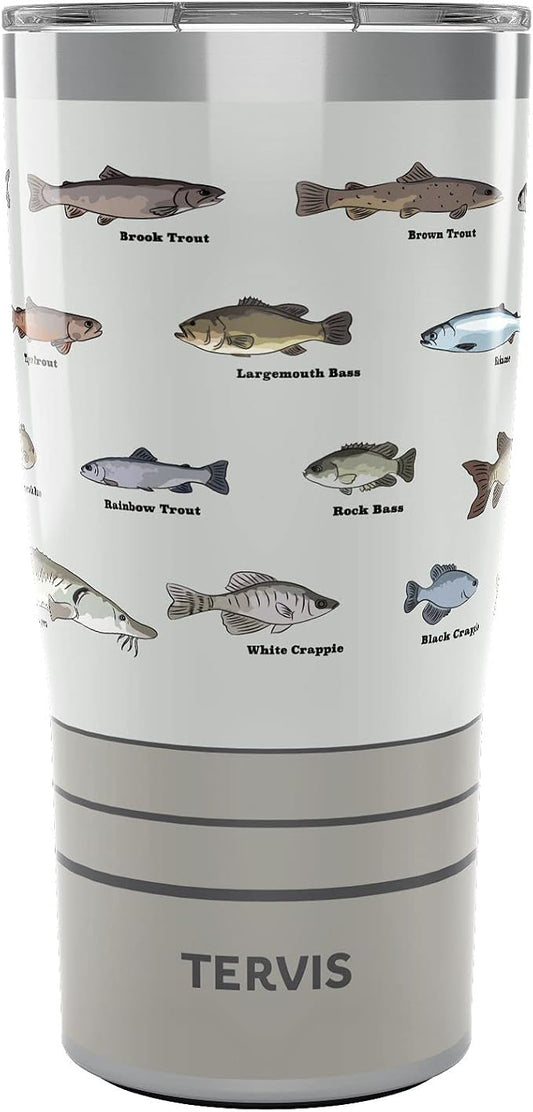 Tervis Traveler Fishing Here Fishy Fishy Triple Insulated Tumbler Travel Cup Keeps Drinks Cold & Hot, 20oz, Stainless Steel