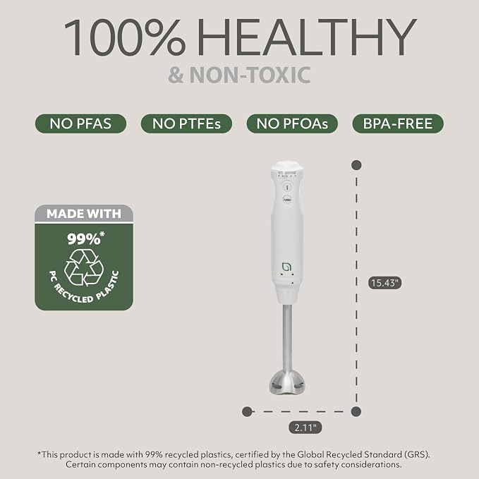 WILLOW Eco Series 5 Speed Immersion Blender Handheld, Powerful yet Quiet 500 Watt Electric Stick Blender with Turbo Mode & Removable Base, Hand Blender for Soup, Smoothie, 304 Stainless Steel - WHITE