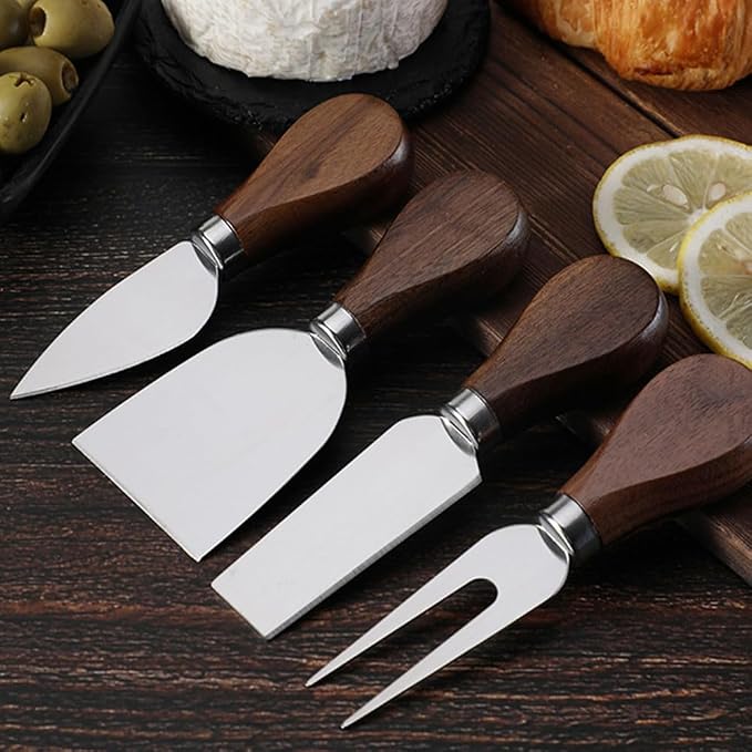 Linwnil 4-Piece Set of Stainless Steel Cheese Knives with Wood Hand, Including Cheese Slicer and Cheese Cutters, Essential Cheese Tools for the Kitchen (Walnut handle, Silver)