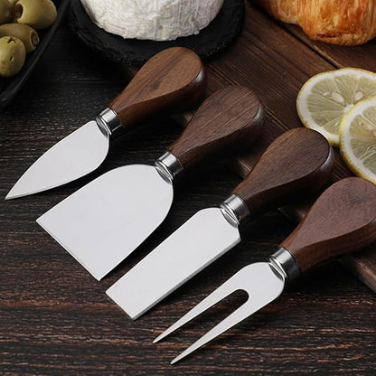 Linwnil 4-Piece Set of Stainless Steel Cheese Knives with Wood Hand, Including Cheese Slicer and Cheese Cutters, Essential Cheese Tools for the Kitchen (Walnut handle, Silver)