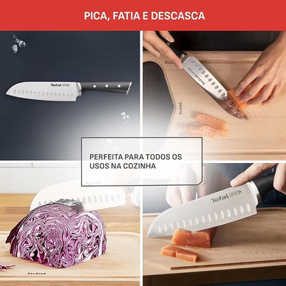 Tefal K2320614 Ice Force Stainless Steel Santoku Knife Premium Design, Long Lasting Performance,Silver/Black,- 18cm
