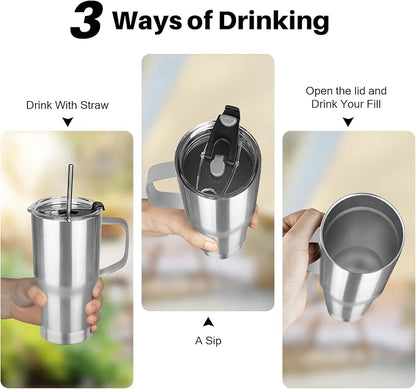 20 oz Tumbler with Handle, Stainless Steel Insulated Tumbler with Lid and Straw, Double Wall Vacuum Coffee Mug Tumbler, Insulated Coffee Thermal Cup for Cold and Hot (Silver)