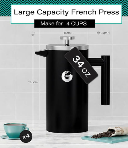 Coffee Gator 304 Grade Stainless Steel French Press Coffee Maker 34 oz, Double Wall Insulated Hot Cold Brew Teapot with 4-Level Filtration System, Include Travel Jar Canister, Rust-Free, Travel, Black