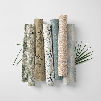 Patchwork Fabric Panel 100x155 cm, 100% Cotton Satin, 6 Coordinated Vintage Botanical Floral Patterns, Soft Sage Neutral Quilting & Sewing Fabric (Vintage Pastels, 6pcs 50x50cm)