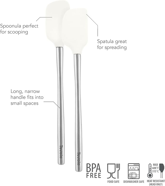 Tovolo Flex Core Mini Silicone Spatula Spoonula Set of 2 for Non Stick Cast Iron Cooking & Baking, Dishwasher Safe Heat Resistant BPA Free Small Stainless Steel Handle Kitchen Utensil, White