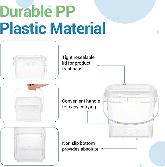 METAPACK 4 Pack 0.5 Gallon Food Grade Square Bucket with Easy-Open Lids, Food Storage Container & Handle, BPA-Free Plastic Clear Pantry Storage for Cereal, Rice, Flour, Kitchen Organization