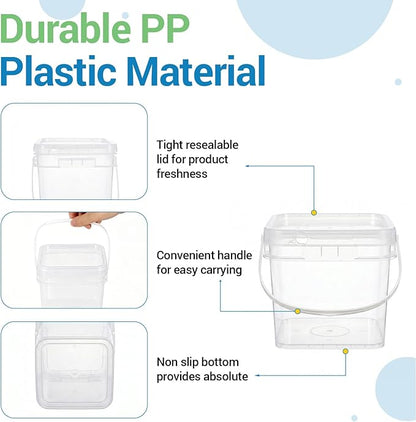 METAPACK 4 Pack 0.5 Gallon Food Grade Square Bucket with Easy-Open Lids, Food Storage Container & Handle, BPA-Free Plastic Clear Pantry Storage for Cereal, Rice, Flour, Kitchen Organization