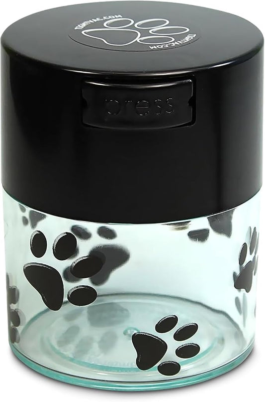 Pawvac 3 Ounce Vacuum Sealed Pet Food Storage Container; Black Cap & Clear Body/Black Paws