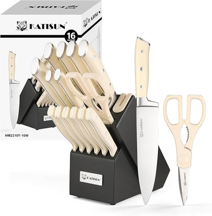 16 Pieces German Steel Knife Block Set, Extra-Long Creamy White Handles for Large Hands & Better Leverage, Professional Kitchen Knife Set with Sharpener & Shears, Modern Black Block