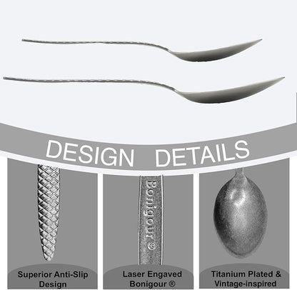 Kunz Spoons - Professional Chef Spoon Set for Basting, Plating, Quenelle, Serving, Sauces| Vintage-inspired 8" & 9" Spoon Set| Culinary Plating Tools with Non-Slip Grip (Matte Silver)
